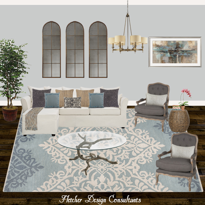 Fun Design Friday -  Contemporary Blue, Gray, And Gold Living Room - interior designer, decorator, decorate, decor, den, great room, sofa, chairs, art, chandelier, rug, accessories