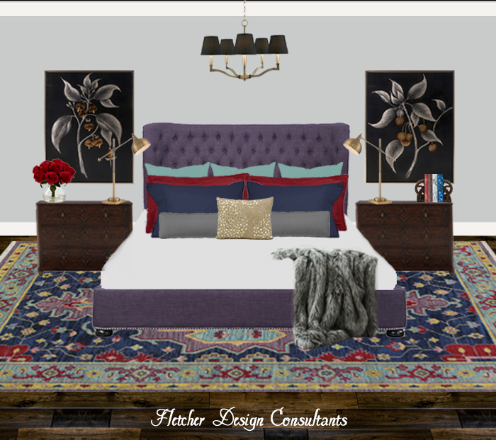 Fun Design Friday, Eclectic, Purple, Red, Navy, Bedroom, interior designer, decorator, ideas, home, decor