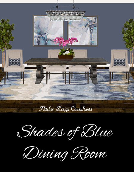 Shades of blue dining room - interior design, decorating, plan, contemporary, traditional, beige, gold, orchid, pink, rug, table, chairs, pillows, trees, art, chandelier, crystal