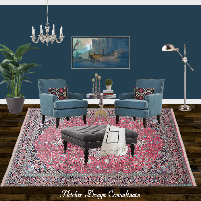 Fun Design Friday, shades, Blue, Living, Room, professional, interior design, decorator, designer, art, rug, end table, chairs, accessories