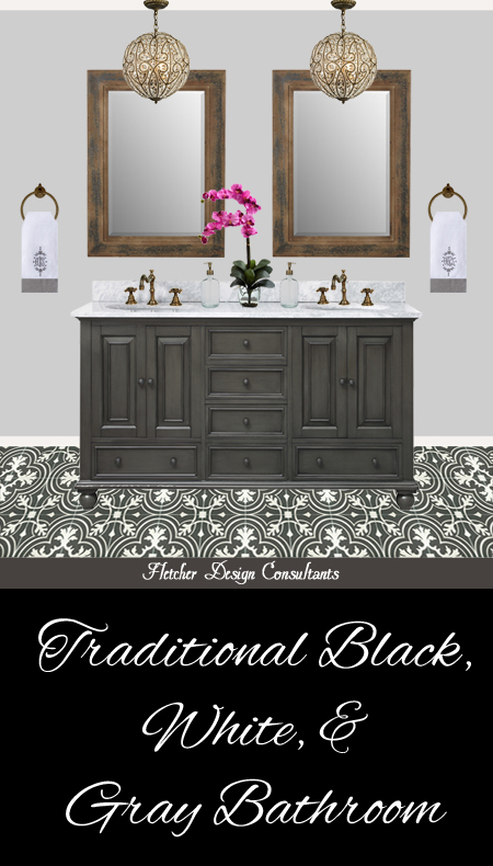 Traditional Black, White, and Gray Bathroom - edesign, interior designer, decorator, ideas, vanity, marble, faucet, floor, mirror, pendant light, chandelier, accessories